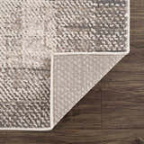 Close-up of the Colson Sage Area Rug showing its ash, gray, and cream woven pattern and backing. Fold