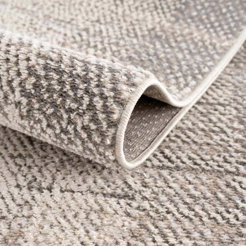 Close-up of the Colson Sage Area Rug showing its ash, silver gray, and pale pink textured weave. Fold