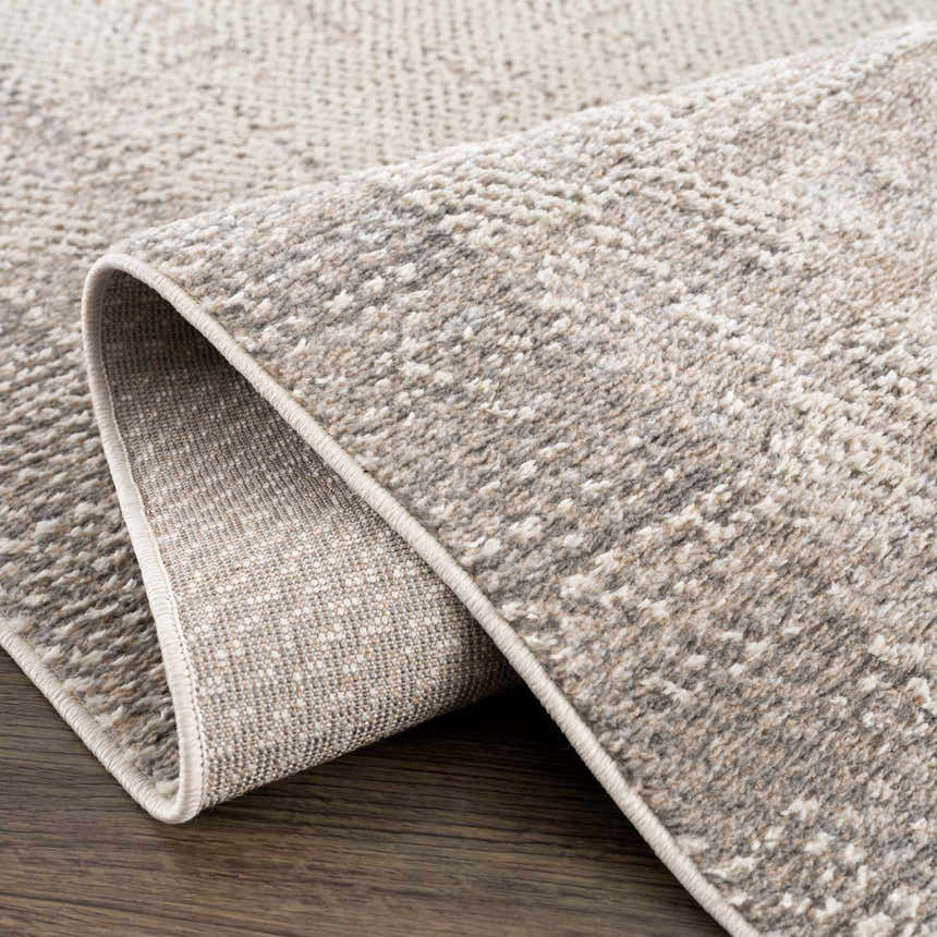 Close-up of the Colson Sage Area Rug showing its textured weave, ash, and silver gray tones with a neutral trim. Fold