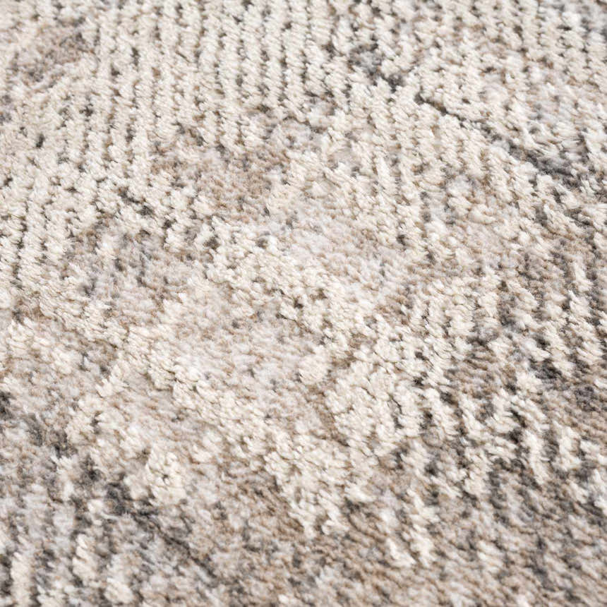Close-up of the Colson Sage Area Rug showing its textured, machine-woven design in ash, silver gray, and pale pink. Texture