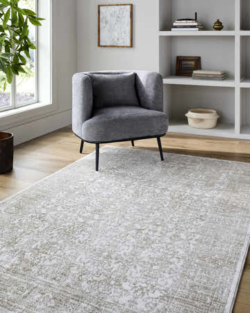 Entryway with gray chair on beige and off white Cailyn Area Rug. Farmhouse style, traditional pattern. Roomscene-Rectangle