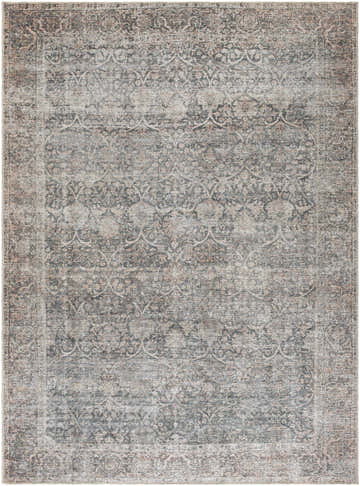 Close-up of the Charla Washable Area Rug. Machine woven polyester rug in beige, gray, and tan with a traditional pattern. Design-Rectangle-679