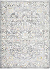Close-up of the Xiye Silver Medallion Rug. Machine woven polypropylene rug with farmhouse, traditional style. Rectangle shape. Design-Rectangle-537