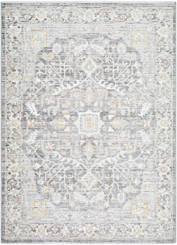 Close-up of the Xiye Silver Medallion Rug. Machine woven polypropylene rug with farmhouse, traditional style. Rectangle shape. Design-Rectangle-537