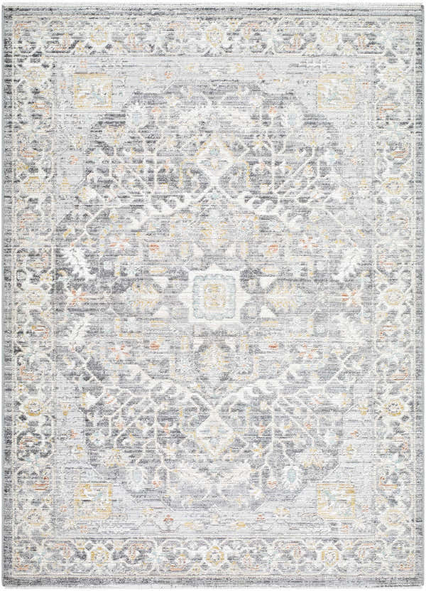 Close-up of the Xiye Silver Medallion Rug. Machine woven polypropylene rug with farmhouse, traditional style. Rectangle shape. Design-Rectangle-537