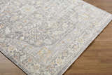 Close-up of the Xiye Silver Medallion Area Rug showing its farmhouse-style pattern, texture, and neutral colors. Corner