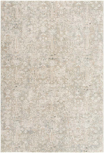 Close-up of the Carlyn Area Rug. Cream, light sage, and slate floral pattern on a tan, machine-woven polyester rug. Design-Rectangle-6796