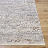 Close-up of the Cemile Area Rug showing its gray, ivory, taupe, and brown traditional pattern and soft texture. Front