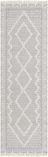 Hand woven Claus Area Rug in bone and cloud gray. Farmhouse style wool runner with geometric pattern. Design-Runner-268