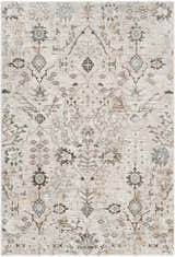 Close-up of the Claydon Thick Luxe Oushak Rug. Beige rug with gray, olive, and taupe floral and oriental pattern. Design-Rectangle-575