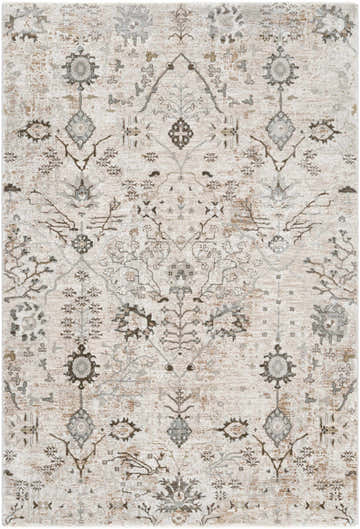 Close-up of the Claydon Thick Luxe Oushak Rug. Beige rug with gray, olive, and taupe floral and oriental pattern. Design-Rectangle-575