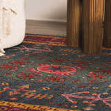 Close-up of the Cleveland Colorful Traditional Area Rug in teal, aqua, and navy with red and gold accents. Roomscene-Rectangle