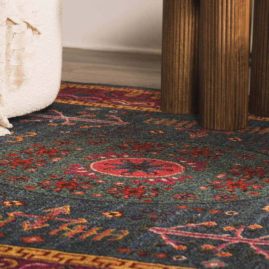 Close-up of the Cleveland Colorful Traditional Area Rug in teal, aqua, and navy with red and gold accents. Roomscene-Rectangle