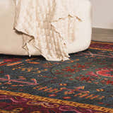 Close up of the teal Cleveland Colorful Traditional Area Rug with a cream ottoman and throw blanket. Roomscene-Rectangle