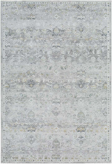 Detailed view of the Cheree Area Rug. Light silver, gray, and blue traditional floral pattern. Machine woven texture. Design-Rectangle-537
