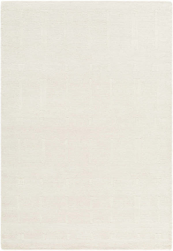 Close-up of the hand-tufted Charan Ivory Cream Area Rug. Cream wool rug with a subtle geometric pattern. Contemporary style. Design-Rectangle-576