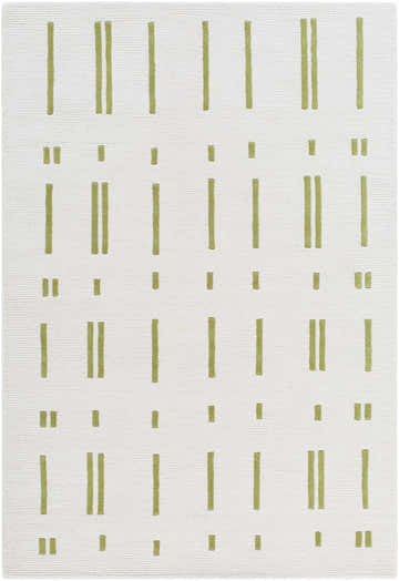Close-up of the Charan Ivory Area Rug, a hand-tufted wool rug with an olive green geometric pattern. Design-Rectangle-576