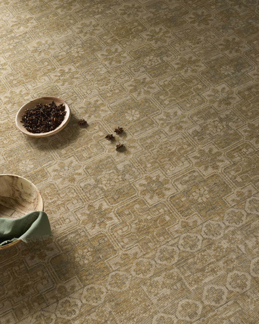 Close up of Becki Tan Owens x Livabliss Renaissance Area Rug. Beige, tan, and taupe farmhouse style wool rug. Styleshot