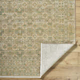 Close-up of the Becki Owens x Livabliss Renaissance BORI-2304 rug. Beige, olive, and tan traditional floral pattern. Hand-crafted wool. Fold