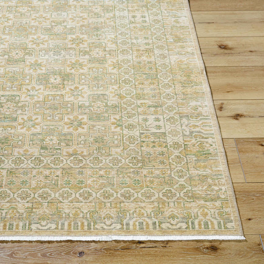Close-up of the Becki Owens x Livabliss Renaissance BORI-2304 rug. Beige, olive, tan, and taupe tones create a traditional pattern. Front