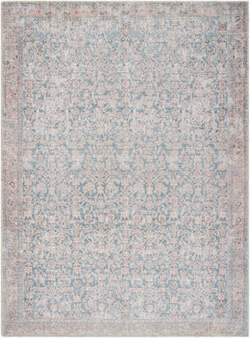 Detailed view of the Crevan Washable Area Rug, featuring a traditional pattern in denim, light sage, and tan hues. Design-Rectangle-537