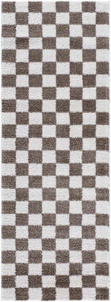 Close-up of the Canika Brown Washable Checkered Area Rug. Features a dark brown and peach checkerboard pattern. Design-Runner-2773