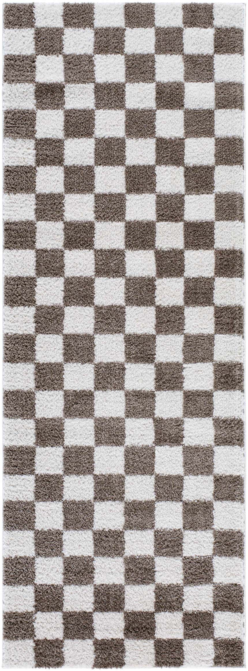 Close-up of the Canika Brown Washable Checkered Area Rug. Features a dark brown and peach checkerboard pattern. Design-Runner-2773