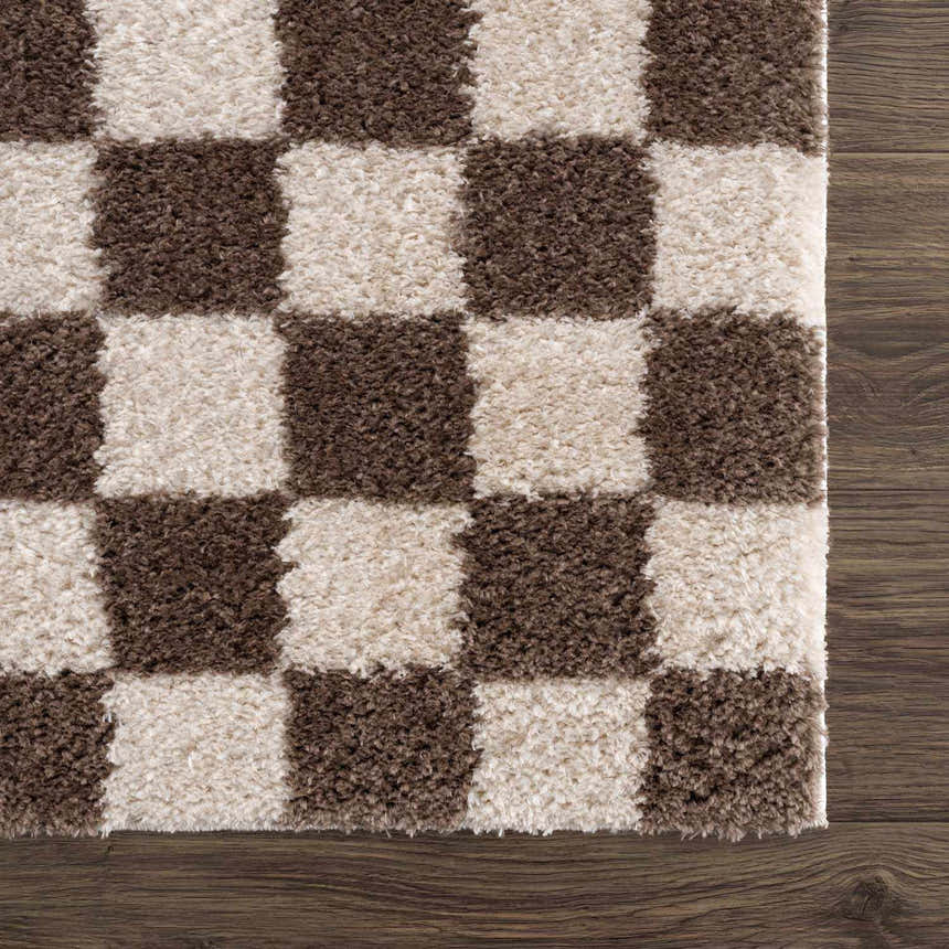 Close up of the Canika Brown Washable Checkered Area Rug showing its dark brown and beige checkerboard pattern. Swatch