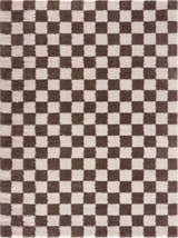 Close-up of the Canika Brown Washable Checkered Area Rug. Features a dark brown and peach checkered pattern and soft texture. Design-Rectangle-537