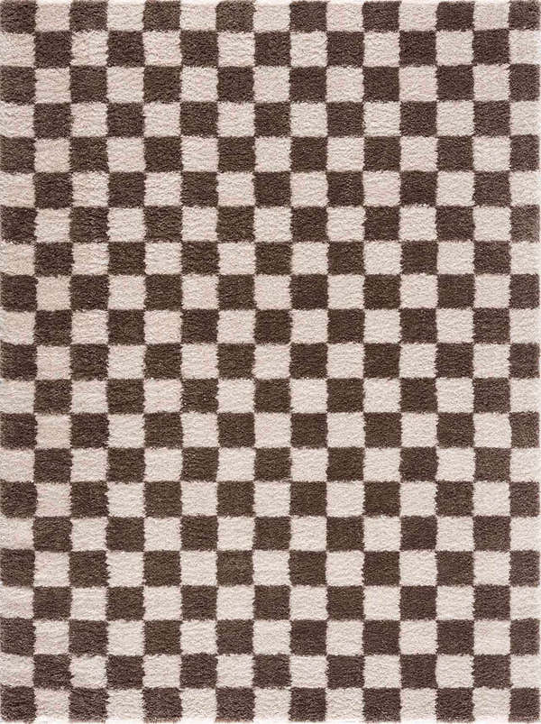 Close-up of the Canika Brown Washable Checkered Area Rug. Features a dark brown and peach checkered pattern and soft texture. Design-Rectangle-537