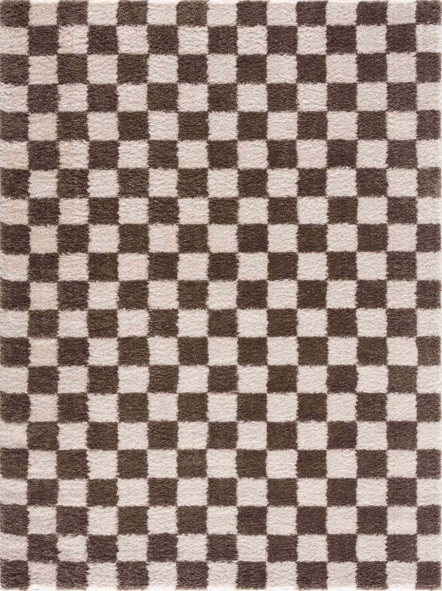 Close-up of the Canika Brown Washable Checkered Area Rug. Features a dark brown and peach checkered pattern and soft texture. Design-Rectangle-537