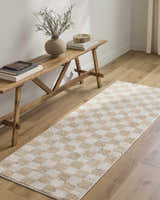 Entryway with a wood bench and Canika Checkered Cream Washable Area Rug runner on wood floor. Neutral tones. Roomscene-Runner