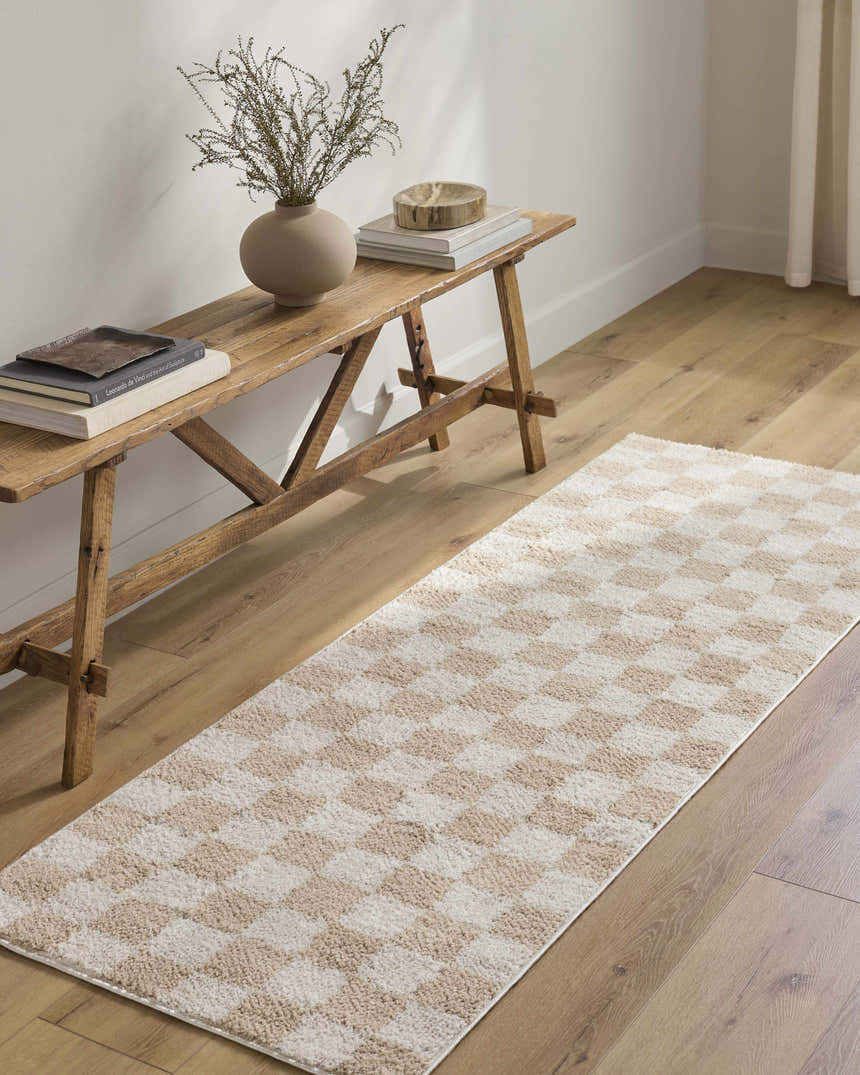 Entryway with a wood bench and Canika Checkered Cream Washable Area Rug runner on wood floor. Neutral tones. Roomscene-Runner