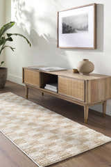 Living room scene with a Canika Checkered Cream Washable Area Rug, wood console table, plant, and neutral decor. Roomscene-Runner