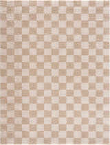 Close-up of Canika Checkered Cream Washable Area Rug. Beige and peach checkerboard pattern with a soft, textured pile. Design-Rectangle-537