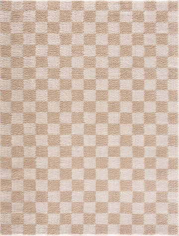Close-up of Canika Checkered Cream Washable Area Rug. Beige and peach checkerboard pattern with a soft, textured pile. Design-Rectangle-537