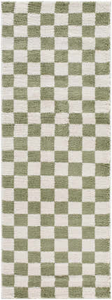 Close-up of the Canika Green Checkered Washable Plush Rug. Green and off-white checkerboard pattern with a plush texture. Design-Runner-2710