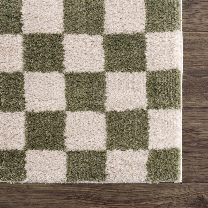 Close-up of the Canika Green Checkered Washable Plush Rug, featuring a soft, textured green and off-white checkerboard pattern. Swatch