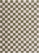 Close-up of the Canika Green Checkered Washable Plush Rug, featuring a green and off-white checkerboard pattern. Design-Rectangle-537