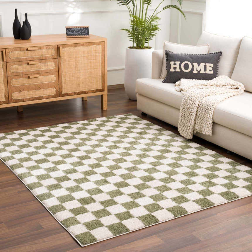 Living room scene with a Canika Green Checkered Washable Plush Rug, sofa, wood cabinet, and potted plant. Roomscene-Rectangle