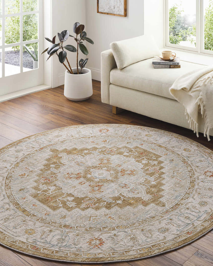 Light-filled room with a round Canadensis Thick Luxe Traditional Turkish Rug, beige daybed, and hardwood floors. Roomscene-Round