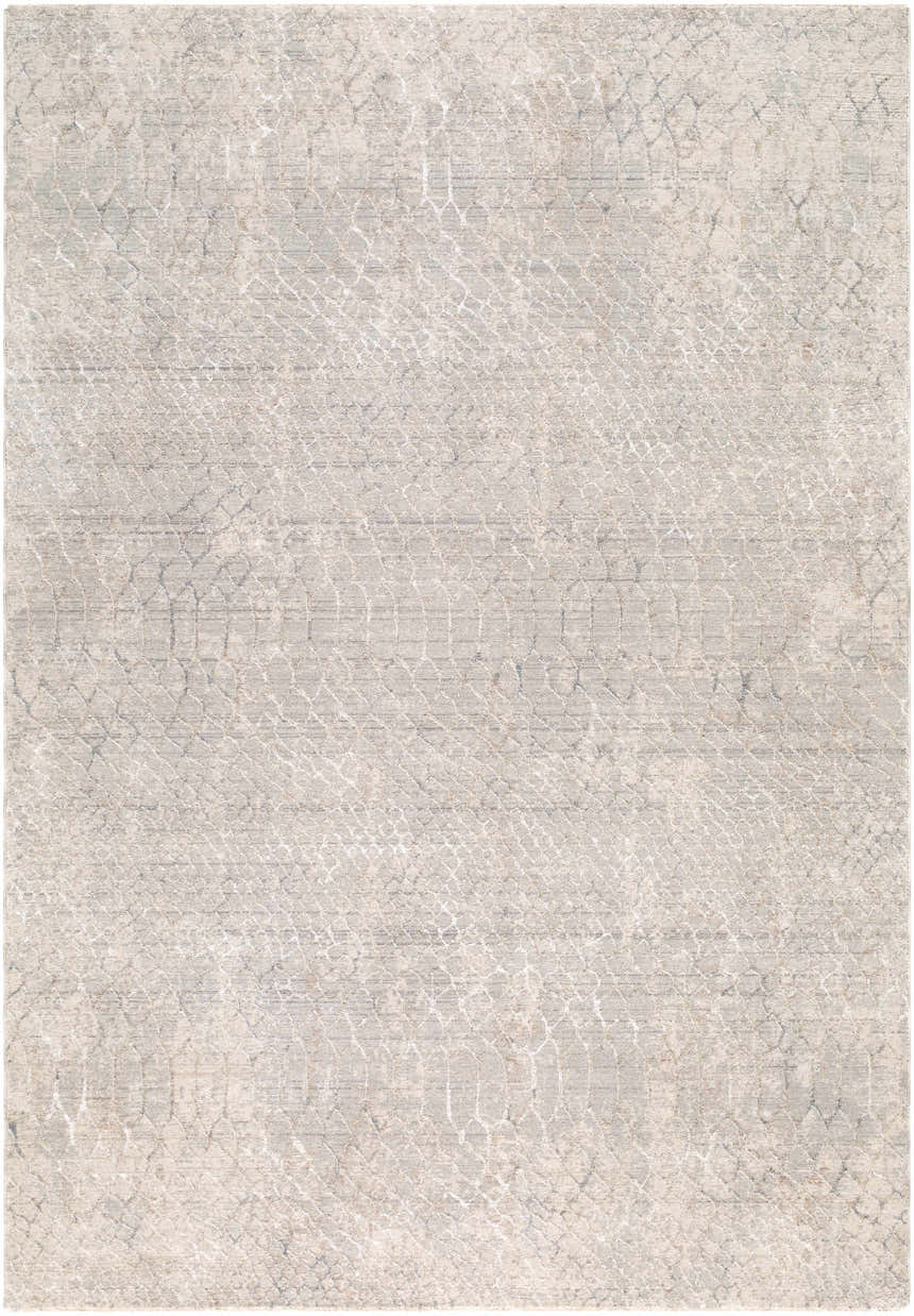 Close-up of the Kike Cream Abstract Area Rug. Beige, cream, light brown, and gray abstract pattern. Machine woven polyester rug. Design-Rectangle-6796