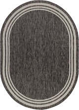Close-up of an oval Coonamble Bordered Antrasit Rug. Charcoal rug with a cream striped border. Machine woven texture. Design-Oval-5373