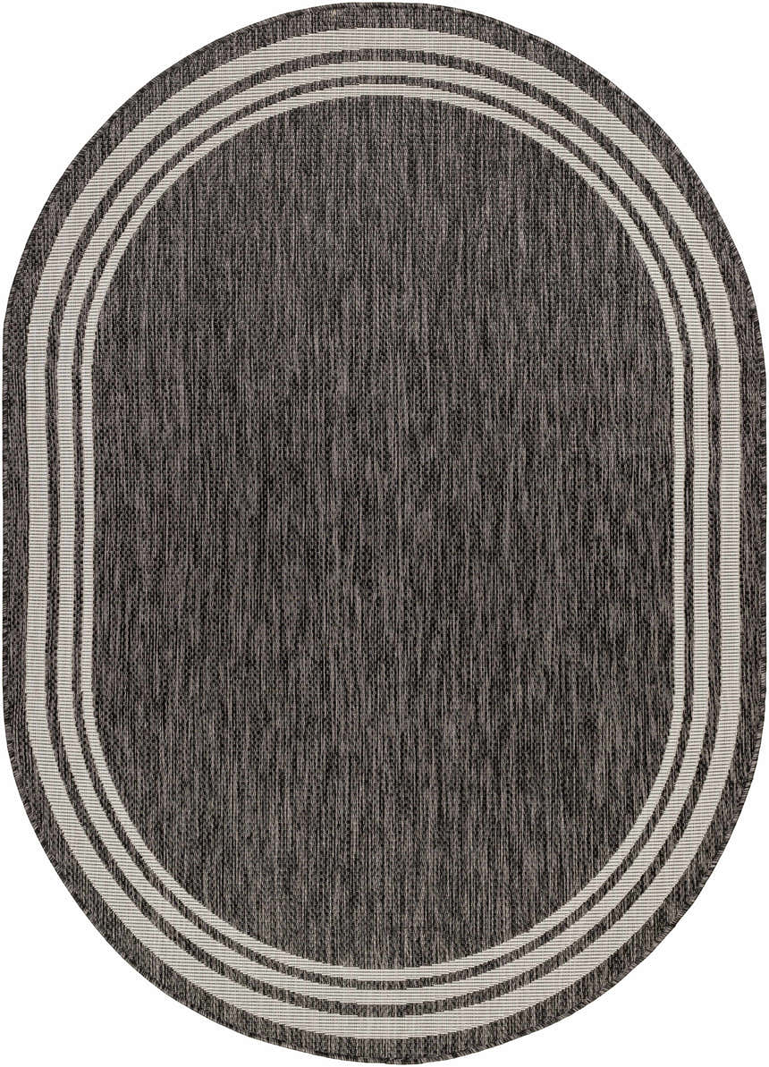 Close-up of an oval Coonamble Bordered Antrasit Rug. Charcoal rug with a cream striped border. Machine woven texture. Design-Oval-5373