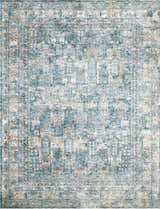 Detailed pattern of the Mirabel Denim Blue Traditional Rug with cream, blue, and brown tones. Design-Rectangle