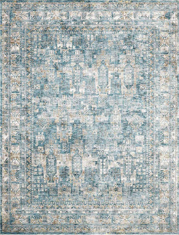 Detailed pattern of the Mirabel Denim Blue Traditional Rug with cream, blue, and brown tones. Design-Rectangle