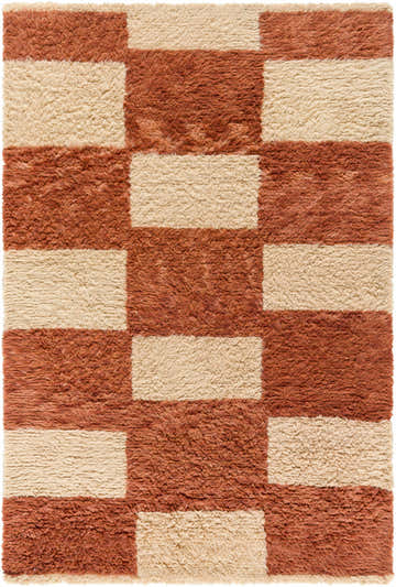 Close-up of the Coleka Area Rug. Hand-tufted wool rug in a brick red and tan checkerboard pattern. Contemporary style. Design-Rectangle-576