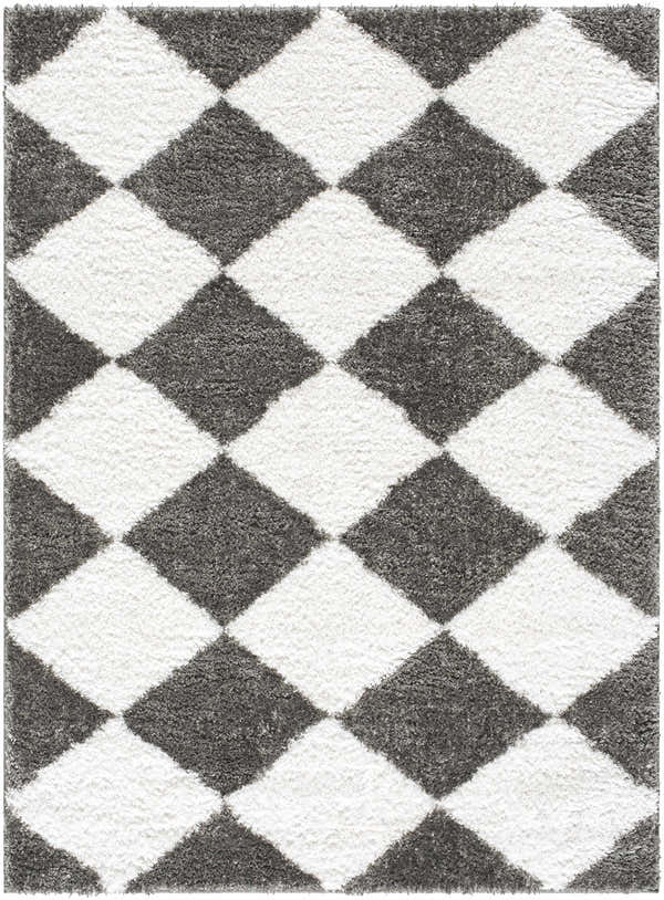 Close-up of the Celine Area Rug, a shag rug with a charcoal and cream diamond pattern. Design-Rectangle-537
