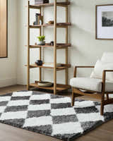 Living room scene with a charcoal and cream Celine Area Rug, wood chair, and bookshelf. Roomscene-Rectangle