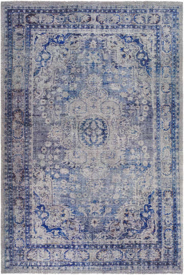 Close-up of the hand-tufted Csilla Area Rug. Traditional design in arctic sky, blue, ivory, and slate blue. Design-Rectangle-576
